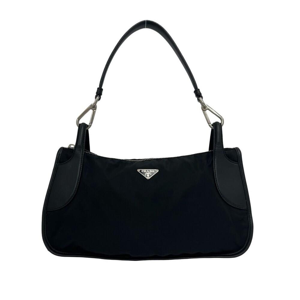 PRADA Triangle Logo Hardware Tessuto Pocono Nylon Leather Semi One Shoulder B...